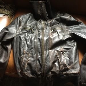 Brown faux leather bomber jacket